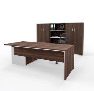 Brown wood office desk with what accents in front of a bookshelf