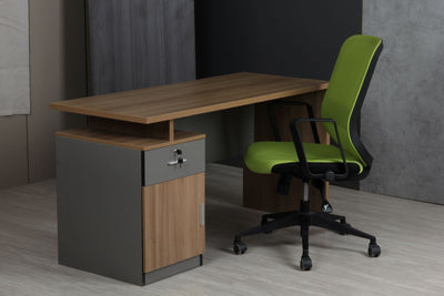 Brown and Grey Office Desk With 2 drawers and 1 lockable With a green and black office chair in front of it 